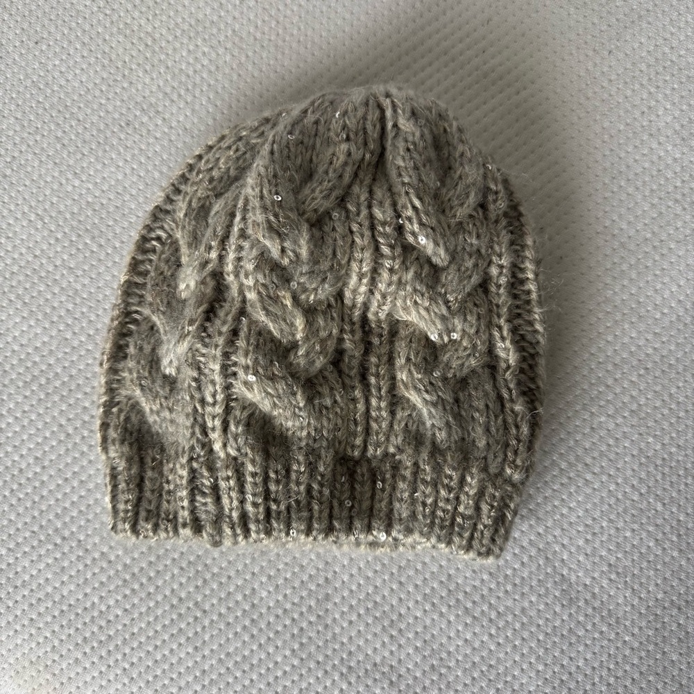 Gray Cable Knit Beanie with Sequins OS